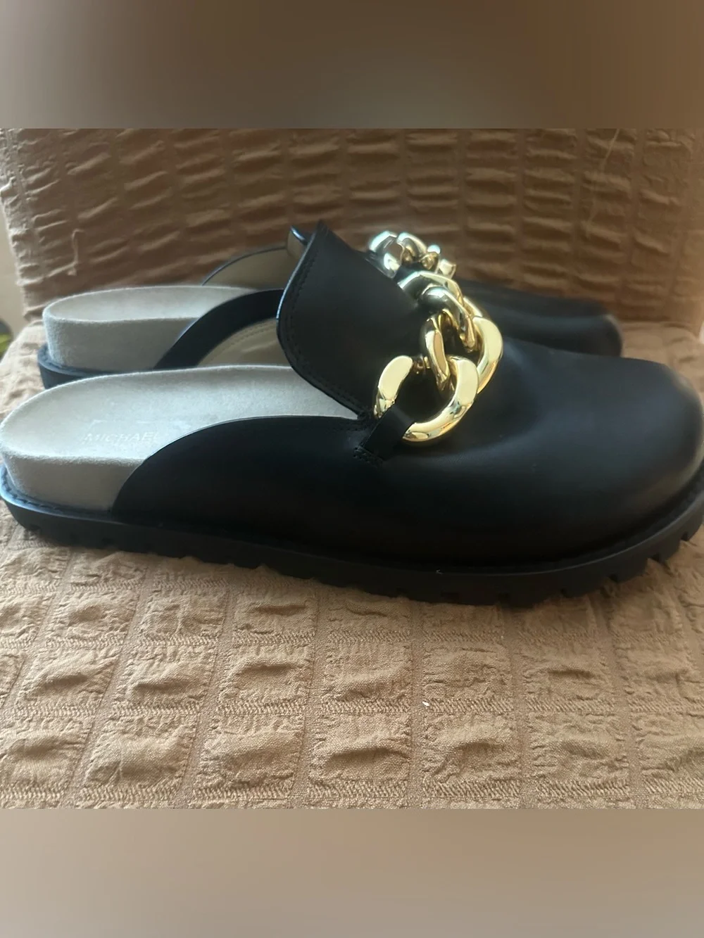 Michael Kors Black Leather Mules with Oversized Gold Chain